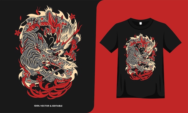 Tijger en draak tattoo japan cartoon design met t-shirt sjabloon