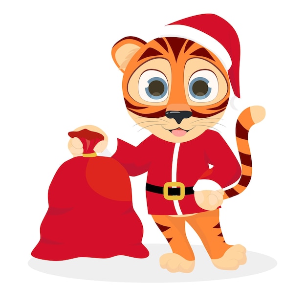 Tijger in Kerstman kleding met cadeauzakje