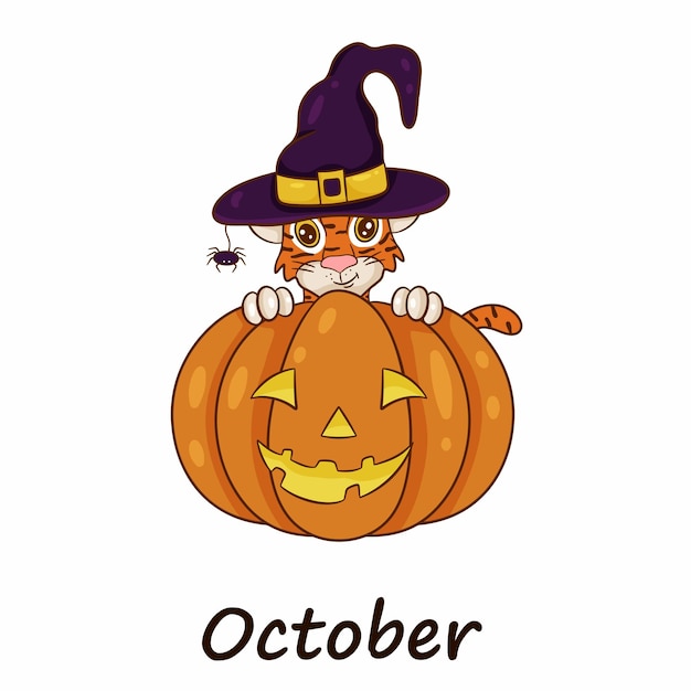 Tijger is het symbool van het chinese nieuwe jaar, met de inscriptie oktober. in heksenhoed met pompoen voor halloween. perfect voor het maken van een kalender. vector illustratie cartoon stijl