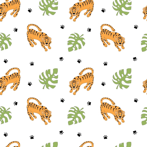 Tijger met tropische monstera Naadloze illustratie voor textiel en behang