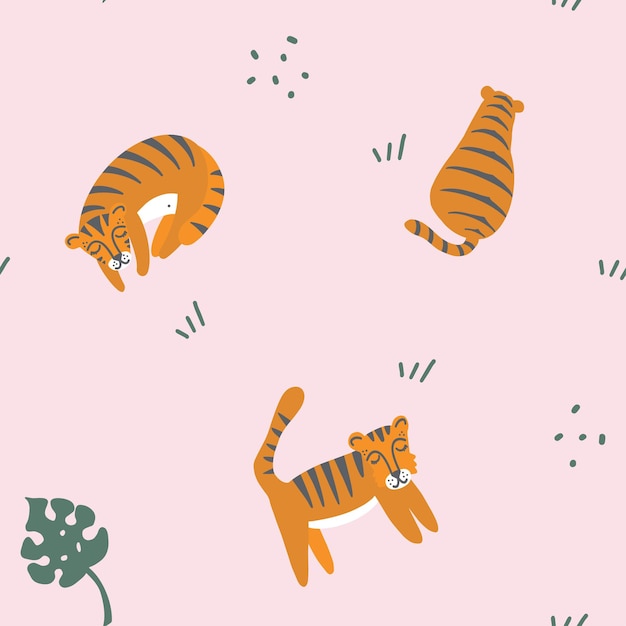 Tijger naadloos patroon in Boho Kids Syle. Handgetekende slapende, zittende en wandelende tijger met Monstera-bladeren. Kwekerijachtergrond voor babytextiel, prenten, stoffen. Vectorillustratie, plat ontwerp.