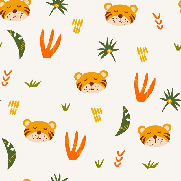 Tijger naadloze patroon snuit van een schattige tijger cub met jungle planten tropische dieren kinderen ontwerpen voor stof print wrapper textiel vlakke vectorillustratie voor kinderen