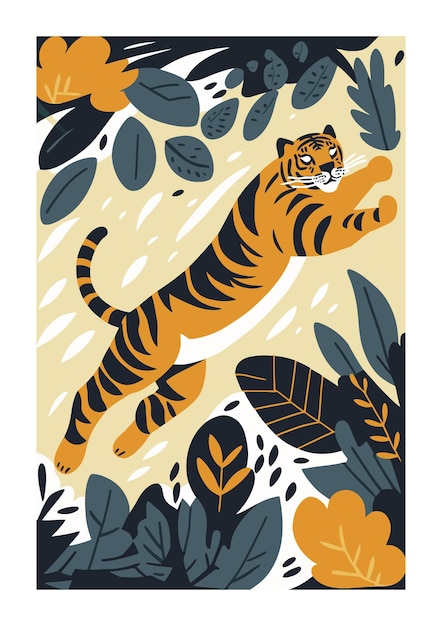 Tijger springen in de jungle Handgetekende vectorillustratie in vlakke stijl