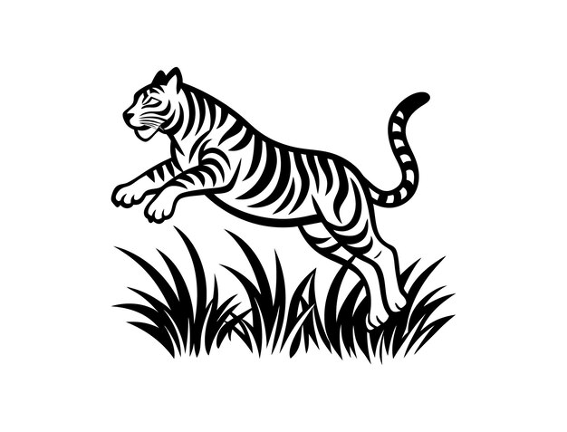 tijger springt in gras silhouet vector witte achtergrond