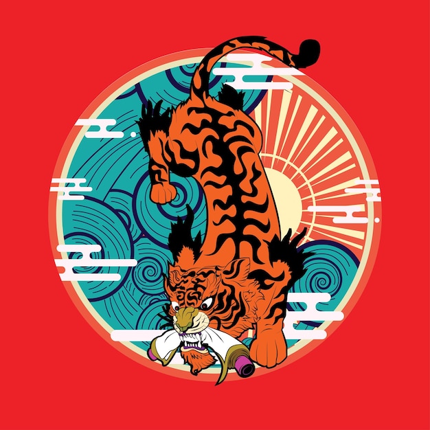 tijgerillustratie met Japanse stijlachtergrond