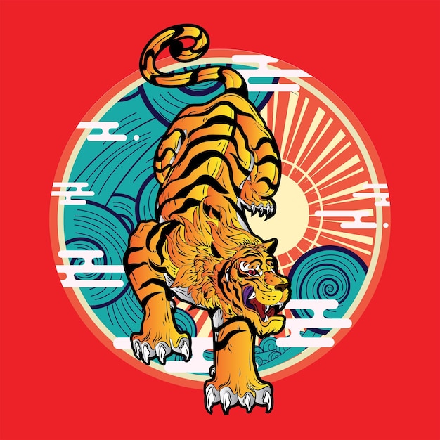 tijgerillustratie met Japanse stijlachtergrond