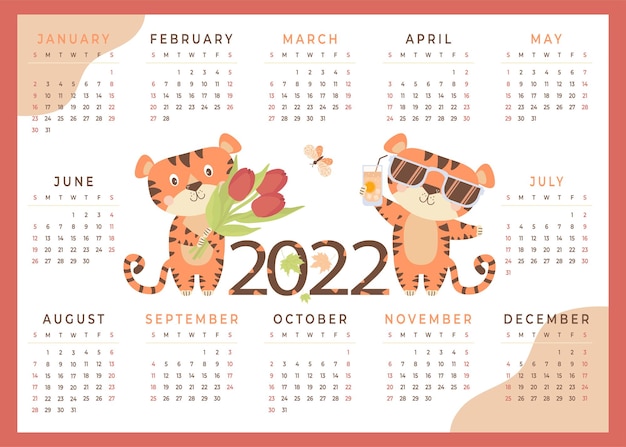 Tijgerkalender 2022 met schattige dieren tijger vector 12 maanden horizontale kalendersjabloon