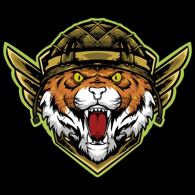 tijgerkop met infanteriehelm mascotte logo