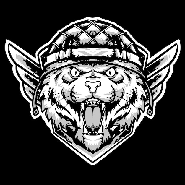 tijgerkop met infanteriehelm mascotte logo