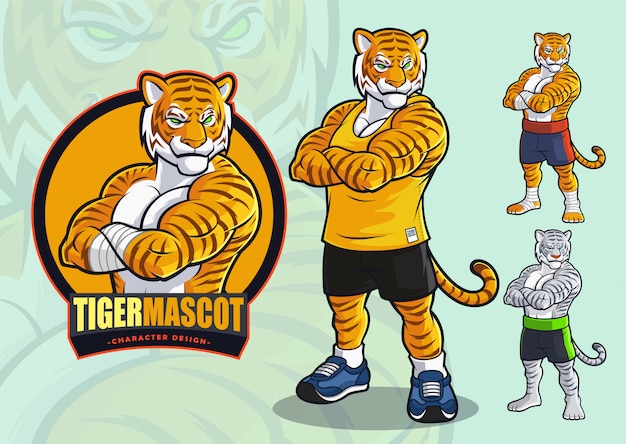 Vector tijgermascotte voor vlekken en vechtsportenlogo en illustratie met alternatieve verschijningen.