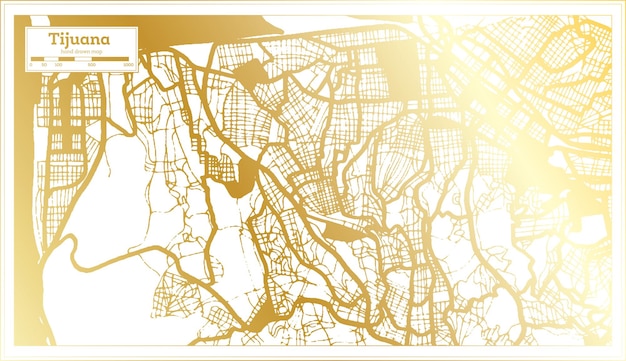 Tijuana Mexico-stadsplan in retrostijl in gouden kleur overzichtskaart