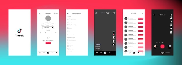 Tik Tok-interface Tik Tok-scherm sociale media sociale netwerkinterfacesjabloon Homepage laden aanbevelingen abonnementsprofiel Stream verhalen die ik leuk vond Verloop achtergrond Redactioneel