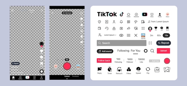 Tik Tok-interface Tik Tok-scherm sociale media sociale netwerkinterfacesjabloon Startpagina laden aanbevelingen abonnementsprofiel Stream verhalen leuk gevonden screenshot Redactionele illustratie