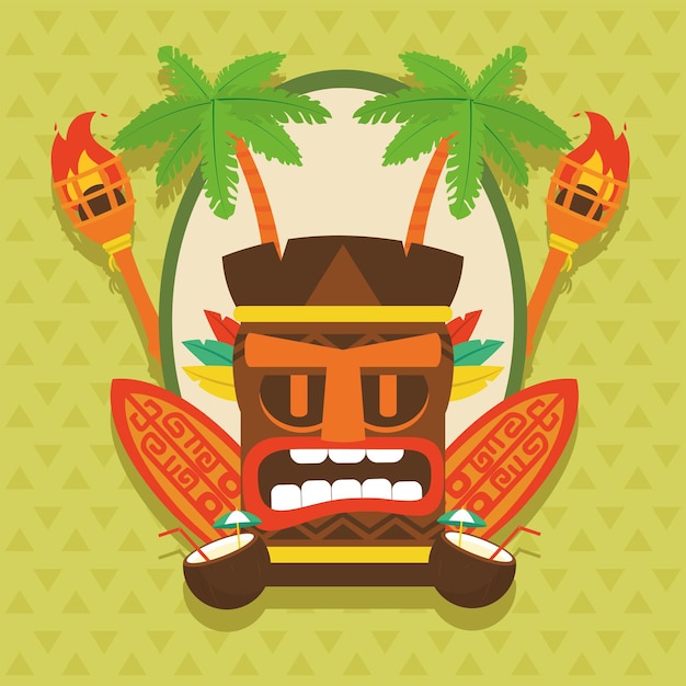 Vector tiki cartoon with surfboards design of hawaiian tropical theme illustration