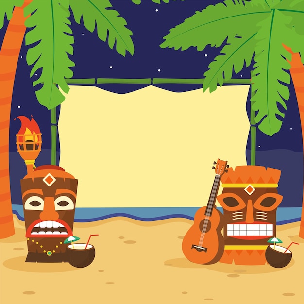 Vector tiki cartoons at beach design of hawaiian tropical summer illustration