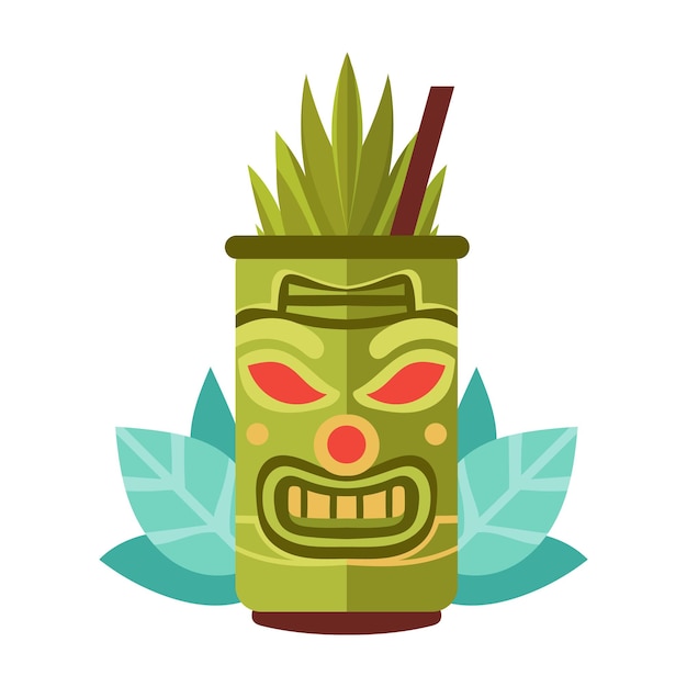 Tiki exotische cocktail in mok met tiki masker hawaiiaanse traditionele elementen