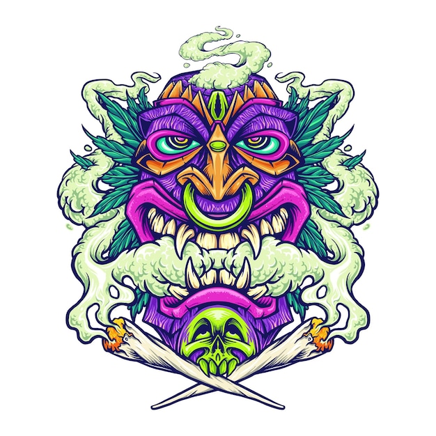 Vector tiki hawaian smoking weed leaf illustrations