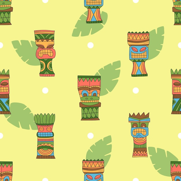 Tiki hawaiian mask with tropical palm leaves - seamless pattern