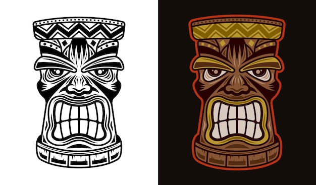 Tiki hawaiian tribal wooden head vector illustration in two styles black on white and colorful on dark background