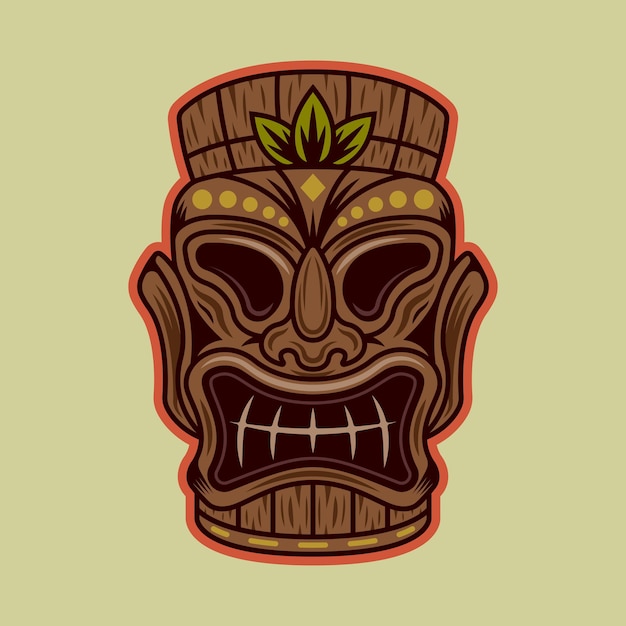 Illustrazione di vettore della maschera di legno tribale hawaiana di tiki in stile cartone animato colorato isolato su sfondo chiaro