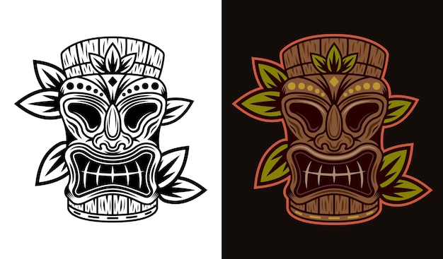 Tiki hawaiano maschera in legno tribale con foglie illustrazione vettoriale in due stili nero su bianco e colorato su sfondo scuro