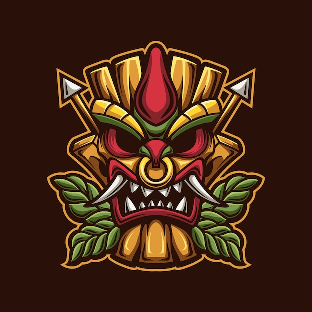 Tiki Head mask cartoon logo sjabloon met vuur illustratie. Esport logo gaming