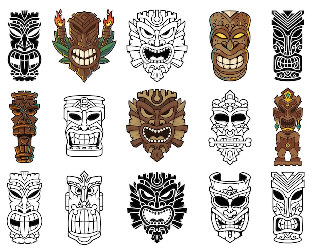 Vector tiki head mask and sculpture illustration set