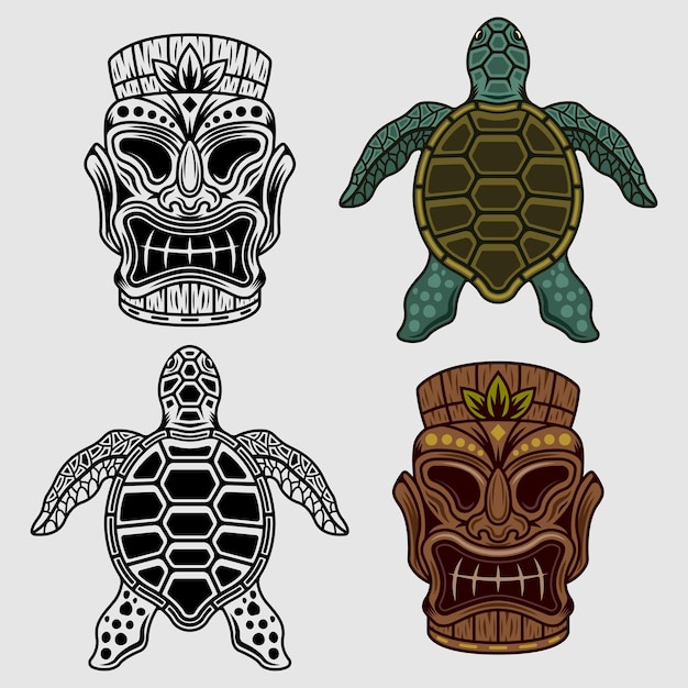 Tiki head and sea turtle hawaiian set of vector objects in two styles colored and black and white