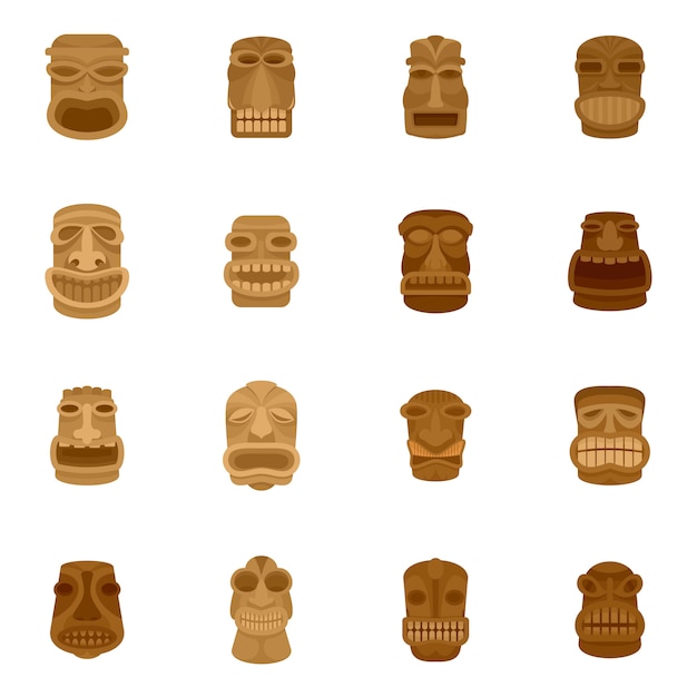 Tiki idol aztec hawaii face icons set