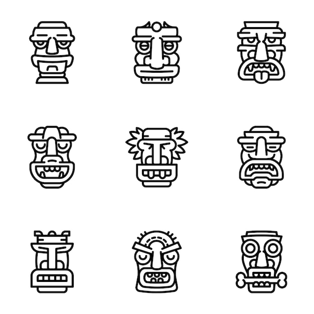 Tiki idol icon set, outline style