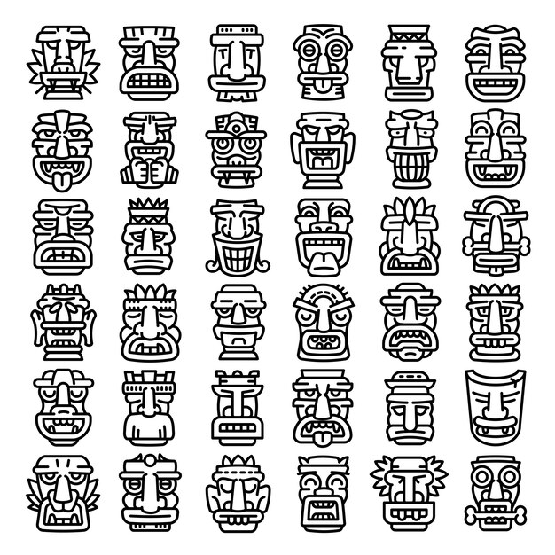 Tiki idols icons set, outline style