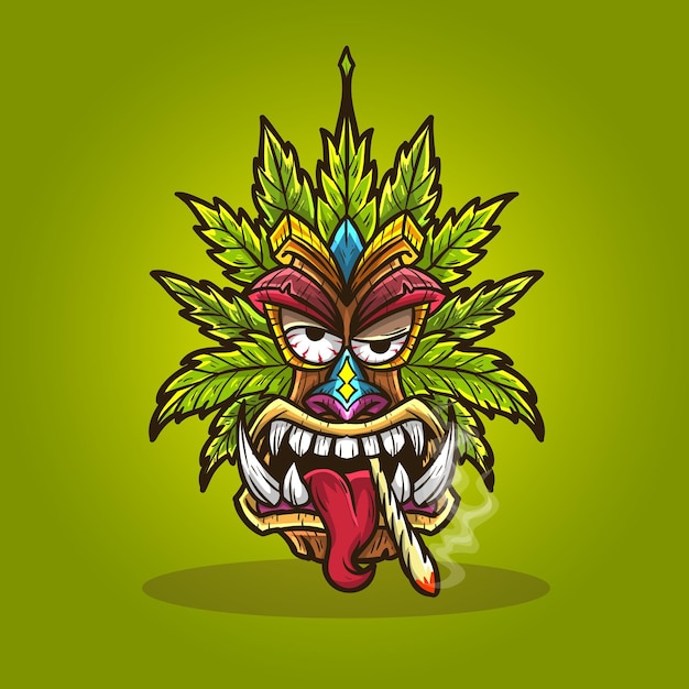 Vector tiki mask cannabis hemp weed smoking.