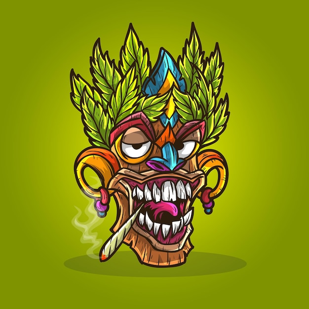 Vector tiki mask cannabis hemp weed smoking.