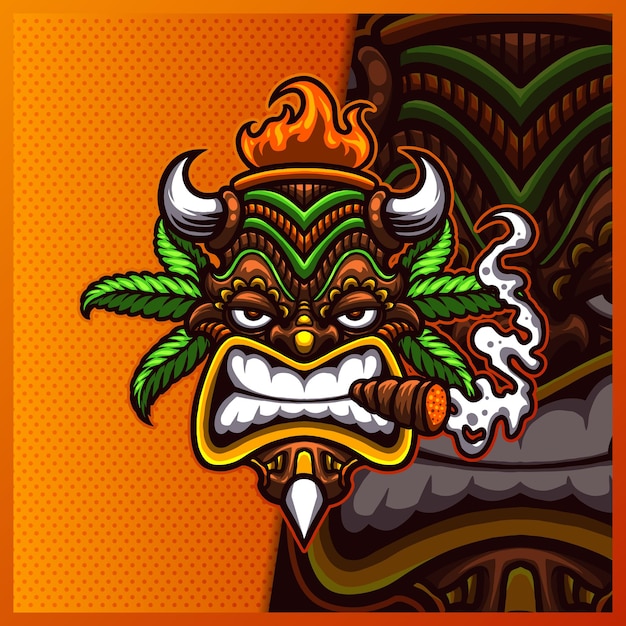 Tiki mask cannabis smoke mascotte logo-ontwerp.