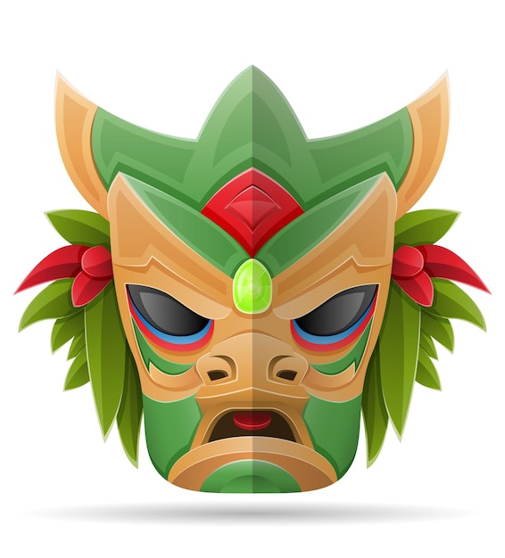 Vector tiki mask hawaiian ancient tropical totem head face idol made of wood vector illustration