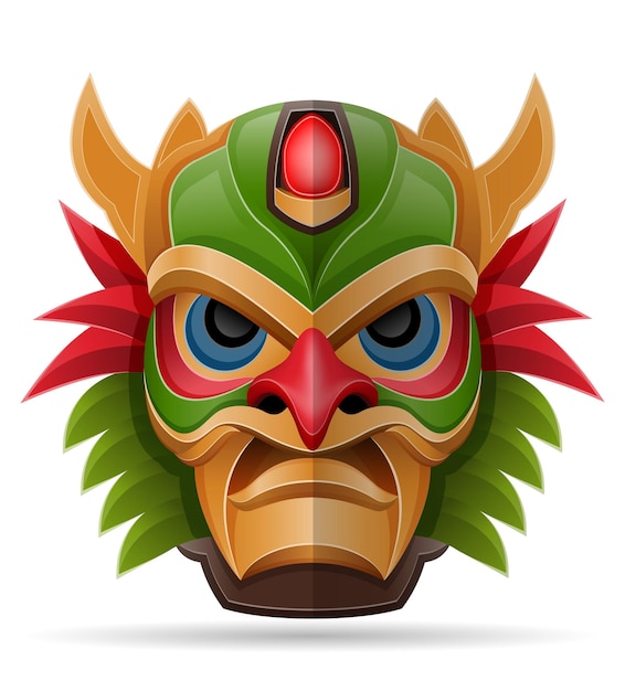 Tiki mask hawaiian ancient tropical totem head face idol made of wood vector illustration