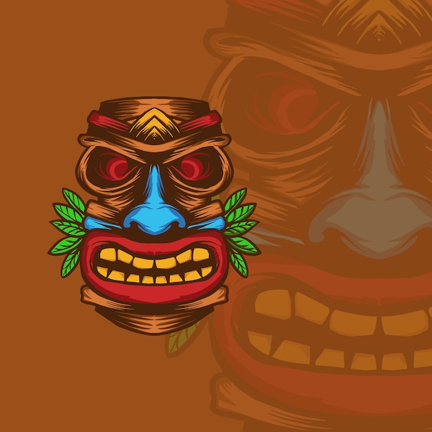 a tiki mask with a red nose and blue eyes illustration for logo and tshirt design