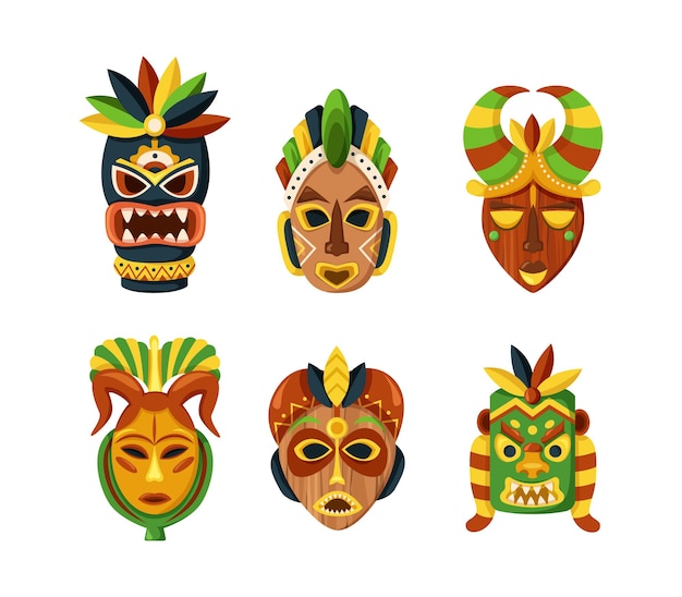 Tiki-maskers instellen Veelkleurige Mexicaanse Indiase of Afrikaanse etnische maskers versierd met tribale ontwerpelementen