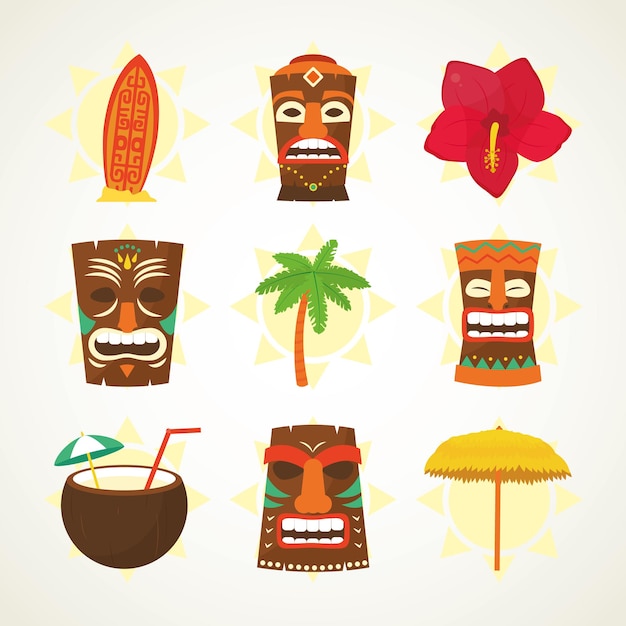 Vector tiki masks and hawaiian icon set