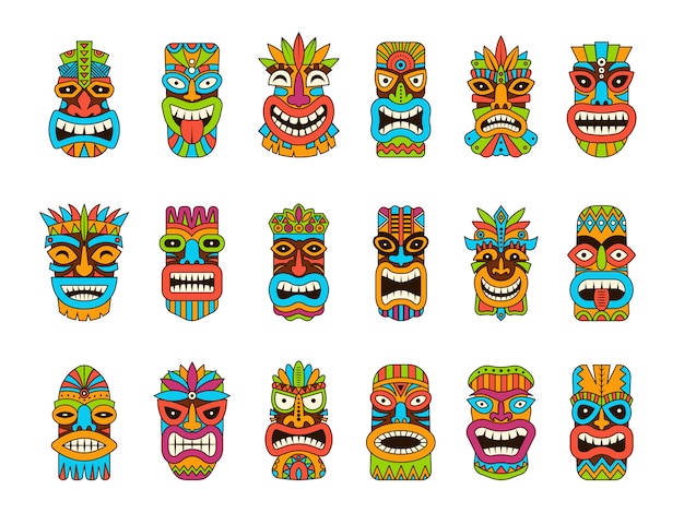 Tiki masks. Tribal hawaii totem african traditional wooden symbols  colored mask illustrations