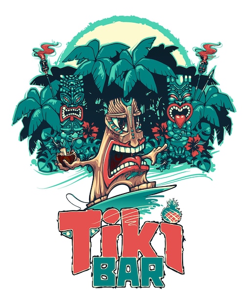 Tiki surfer and tiki play the ukulele and drum tiki bar vector illustration