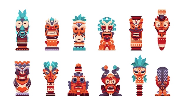 Tiki totem Cartoon Hawaiiaans en Afrikaans stambeeld Maya en Azteekse enge god gezicht collectie Traditionele inheemse beeldhouwkunst Geïsoleerde snijwerk figuur Vector set van oude idolen