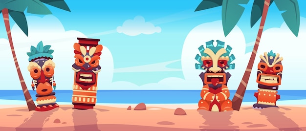 Tiki totem op het strand hawaïaans en afrikaans tropisch landschap met rituele beelden op de kust van de oceaan scenisch zeegezicht palmen en tribale idolen zomervakantie vector exotische eilandachtergrond