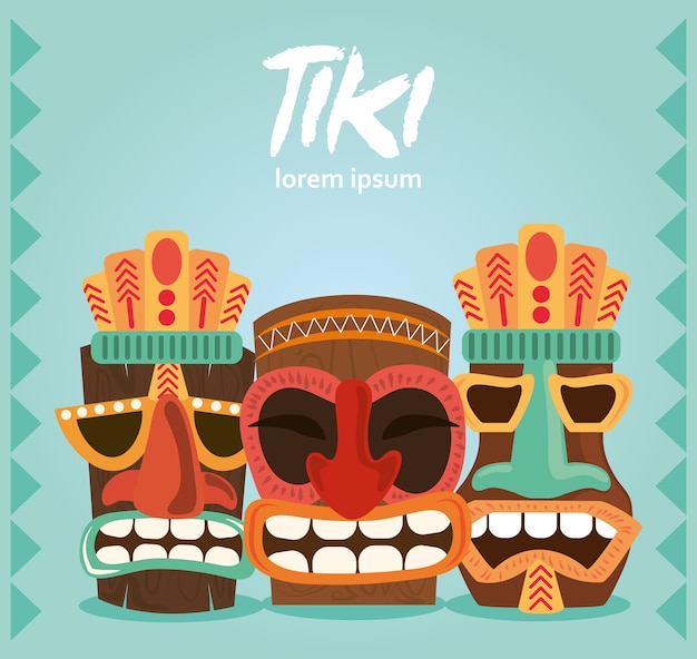 Tiki traditioneel standbeeld decor set uit polynesië en hawaï kaart illustratie