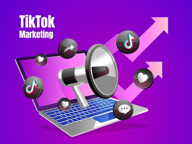 TikTok-pictogrammen met laptop en megafoon digitaal marketing sociaal media concept