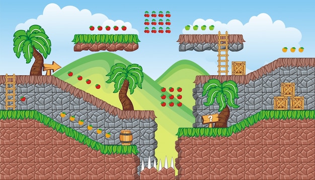 Tile set platform e background per la creazione di giochi per cellulari