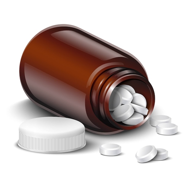 Tilted brown glass bottle of medicine with white pills,  on white background.