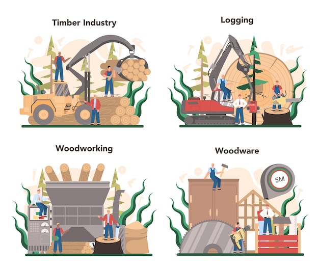 ベクトル 木材産業と木材生産のコンセプトセット。伐採と木工プロセス。林業生産。グローバル産業分類標準。