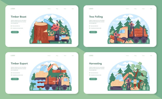 Вектор Веб-баннер или целевая страница для лесной промышленности и производства древесины