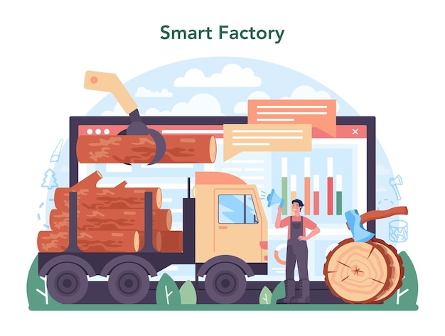 Servizio o piattaforma online per l'industria del legno e la produzione del legno. processo di registrazione e lavorazione del legno. classificazione globale del settore. fabbrica intelligente. illustrazione vettoriale